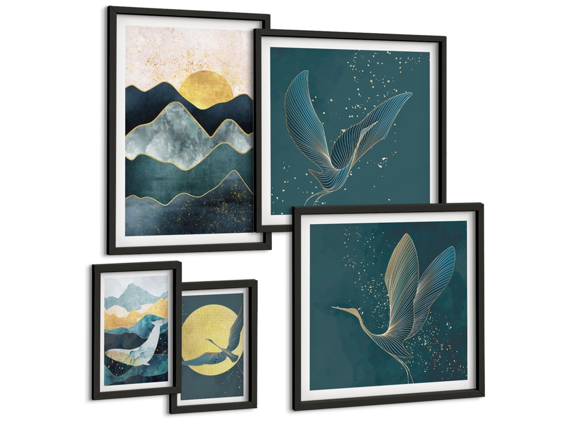 Conjunto De Pinturas Montanhas Estilosas Pássaros Sol Espelharte (5 Peças)