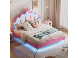 Cama Estofada 140 X 200 Cm, Em Formato De Coroa, Em Couro Pu, Com Iluminação Led E Estrado De Ripas, Rosa.
