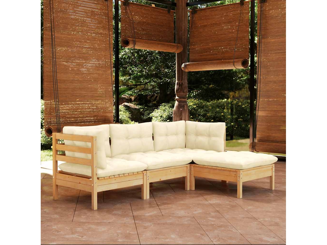 Vidaxl 4 Pcs Conjunto Lounge Jardim C/ Almofadões Cor Creme Pinho
