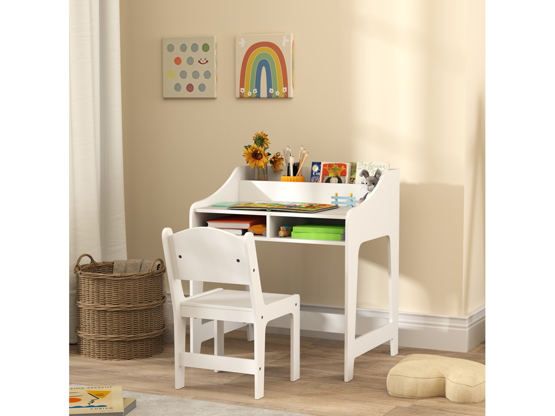 Conjunto De Mesa E Cadeira Para Crianças De 3 A 8 Anos Com Compartimentos Abertos E Prateleiras, Branco