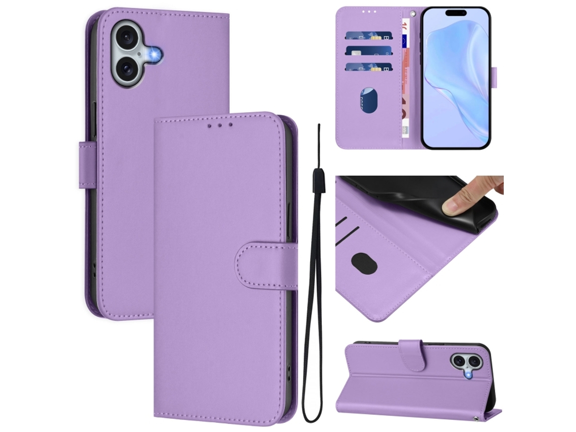 Capa De Couro Sintético Para Iphone 16 Plus - Toque Suave - Cor Sólida - Com Cordão