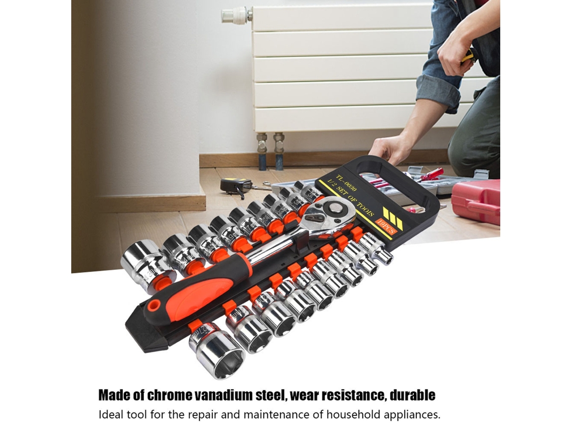 Kit De Ferramentas Manuais Com Chave De Ratchê 1/2" E Soquete De Múltiplos Tamanhos (19 Peças)