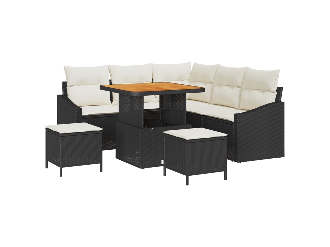 Conjunto 8 De Sofá De Jardim Com Almofadas Preto E Creme Branco Preto Vidaxl Vime Pe