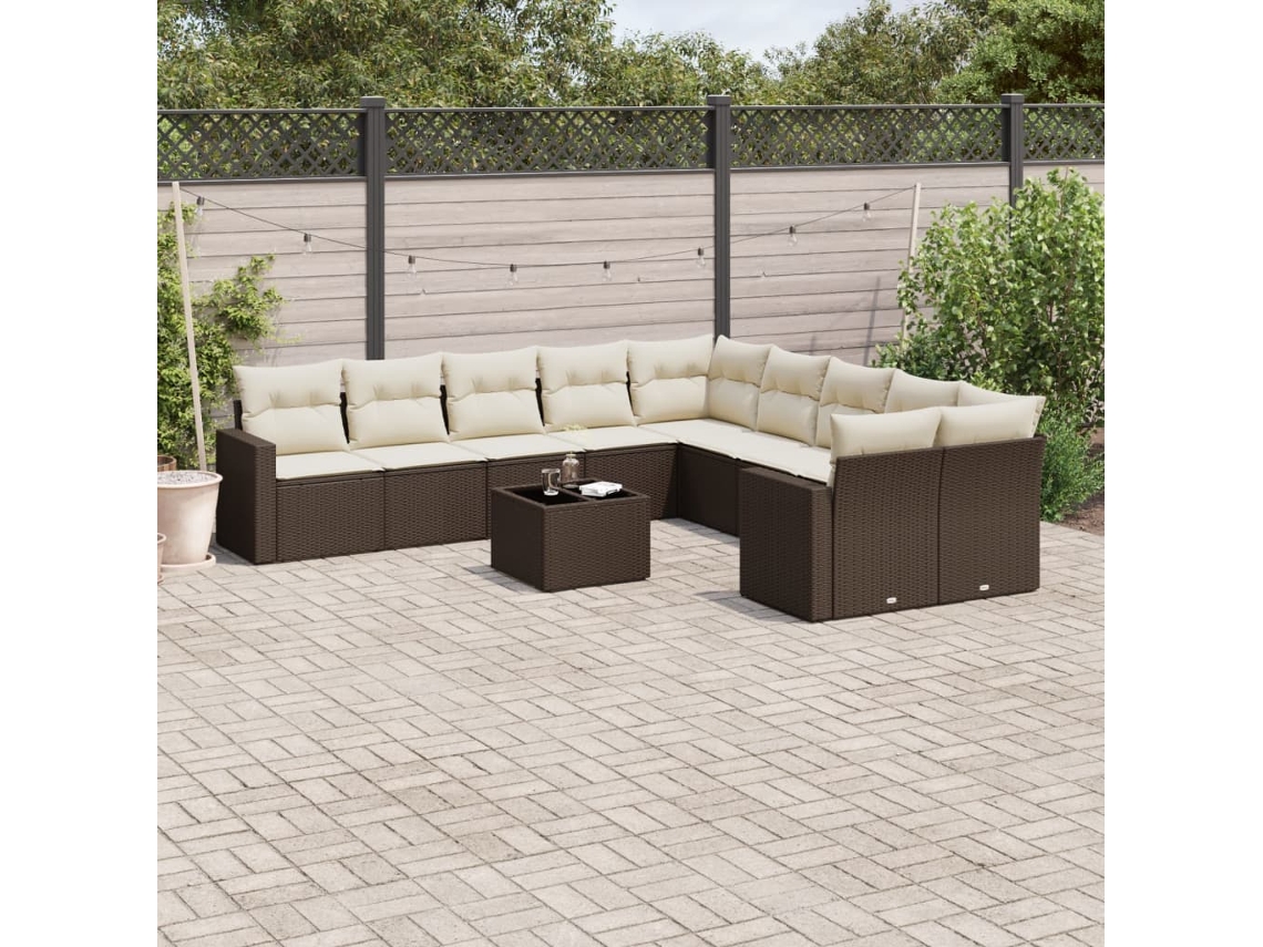 Vidaxl 11 Pcs Conjunto Sofás De Jardim C/ Almofadões Vime Pe Castanho