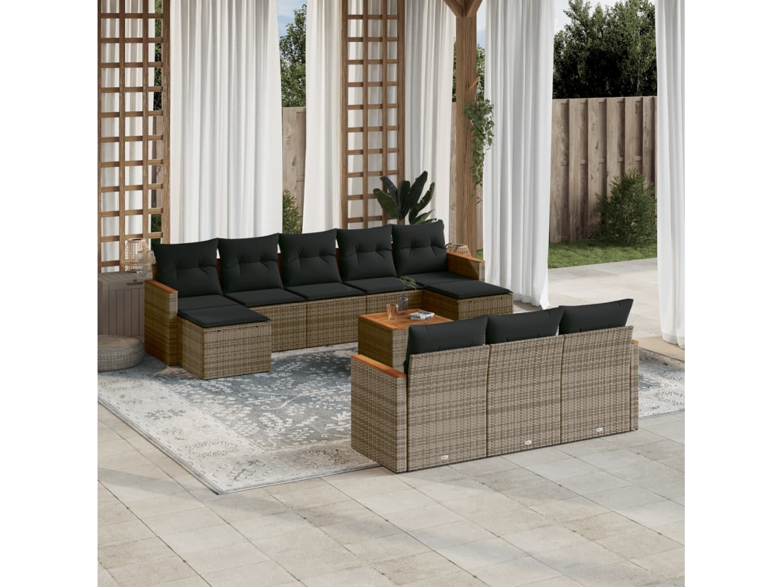 Vidaxl 11 Pcs Conjunto Sofás De Jardim C/ Almofadões Vime Pe Cinzento