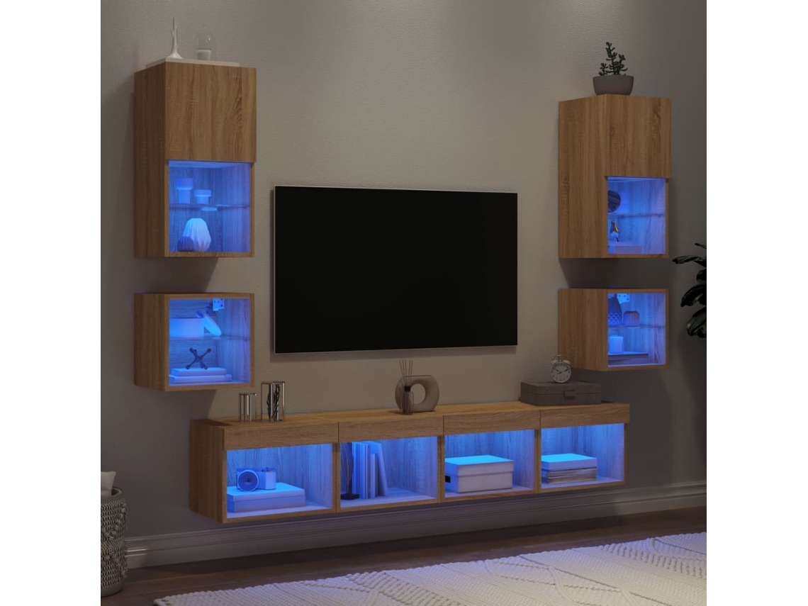 Vidaxl 8pcs Móveis Parede P/ Tv C/ Leds Deriv. Madeira Carvalho Sonoma