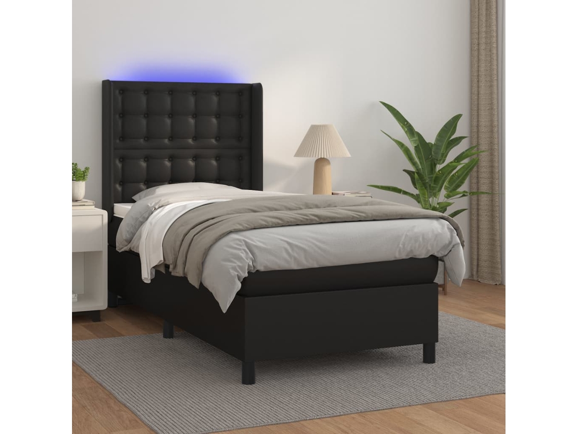 Vidaxl Cama Box Spring C/ Colchão/led 90x200 Cm Couro Artificial Preto
