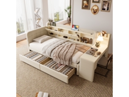 Sofá Cama Daybett 90x200cm 2 Gavetas Mesa Usb Tipo C Flip Top Bege Lino