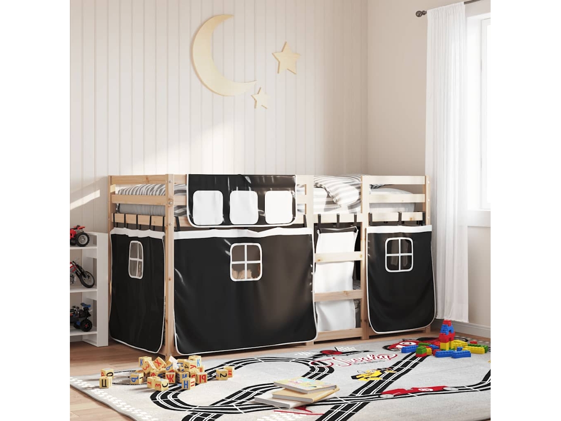 Vidaxl Beliche Com Cortinas 90x200 Cm Pinho Maciço Branco E Preto