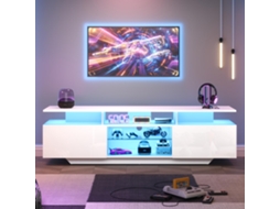 Móvel para TV Branco e Madeira 175x37x51 cm, Portas com Armazenamento, Pés Madeira, Estilo Rústico Moderno KOMHTOM