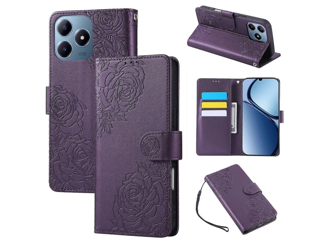 Capa De Couro Para Celular Com Estampa De Flor De Rosa E 3 Compartimentos Para Cartões