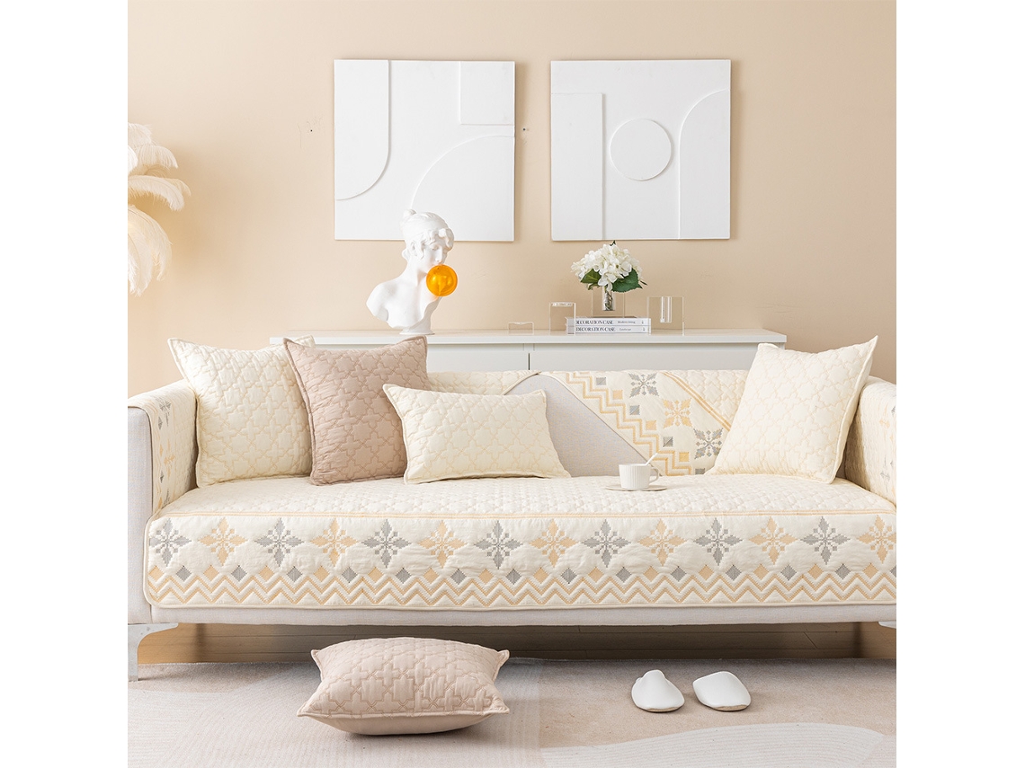 Protetor de Almofada de Sofá de Capa de Assento de Sofá Antiderrapante -Fq-Bege Branco-110X240Cm LUUCOZK