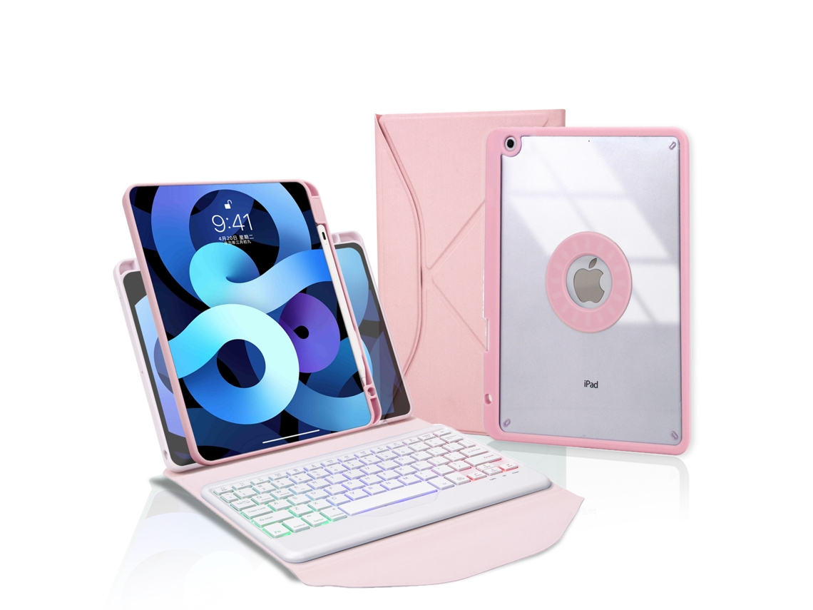 Capa de Teclado Bluetooth para Ipad 7 10.2 com Teclado Dividido com Retroiluminação Tricolor,português, Rosa XIAOMOYU