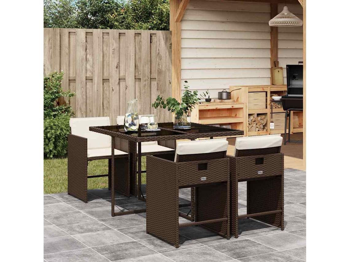 Vidaxl 5 Pcs Conjunto Jantar P/ Jardim C/ Almofadões Vime Pe Castanho