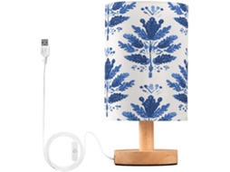 Abajur De Cabeceira Led Com Estampa Folhas Azuis E Brancas, Ideal Para Quarto, Leitura Com Cúpula De Tecido, Base De