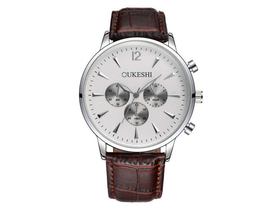 Relógio de pulso analógico masculino com pulseira de PU moderna e mostrador redondo para negócios.