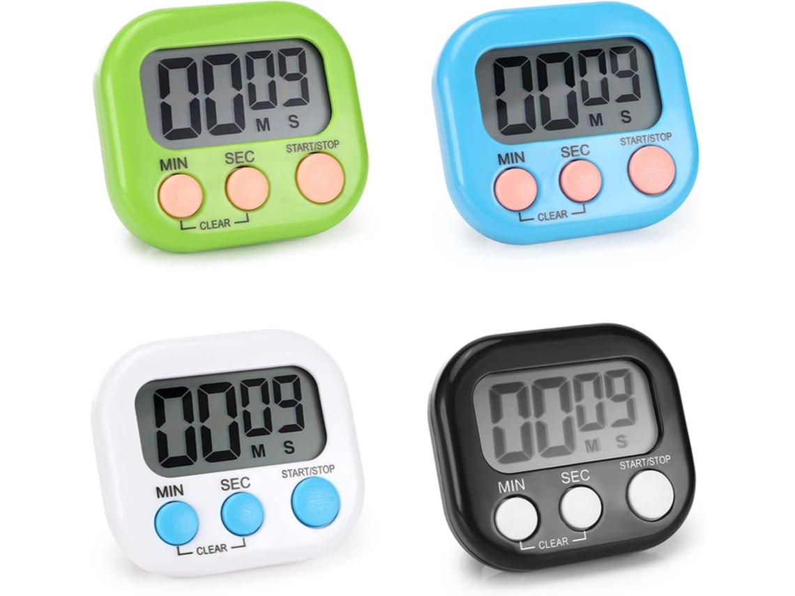 Conjunto 4 Temporizadores Digitais Magnéticos – Temporizador Cozinha – Para Cozinhar E Estudar – Abs – Verde/azul/branco/preto