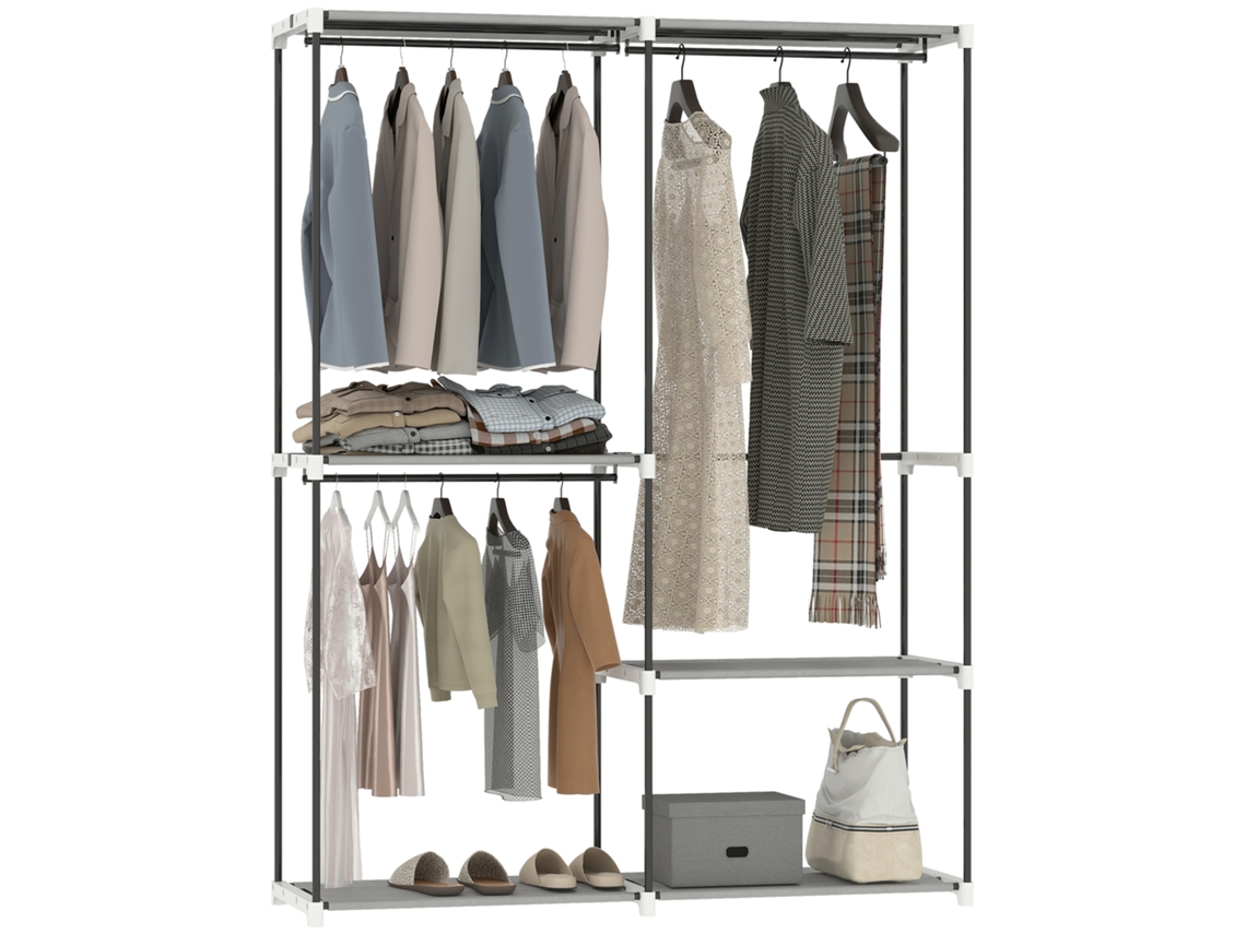 Armário de Roupa Aberto S/MARCA com 4 prateleiras de tecido e 3 barras para pendurar cinzento (142x43x185 cm)