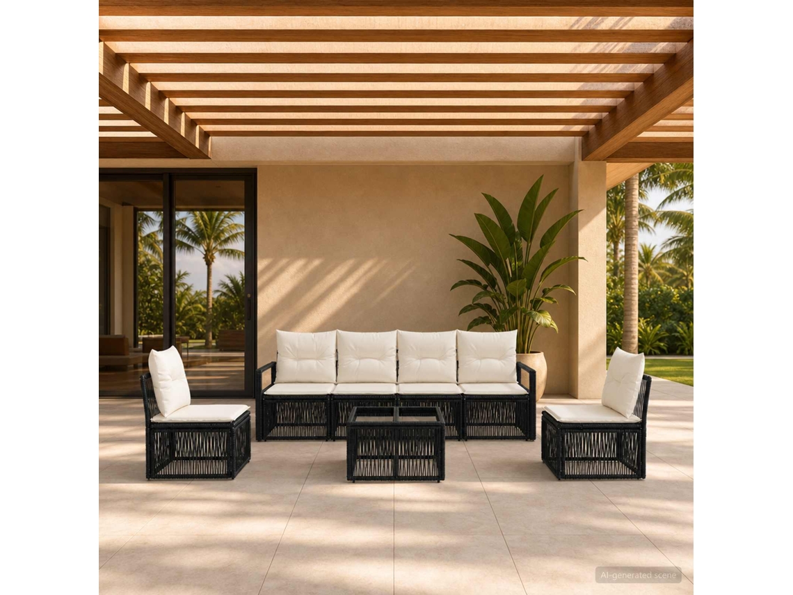 Vidaxl Conjunto De Sofá De Jardim 7 Unid. Preto Vime Pe