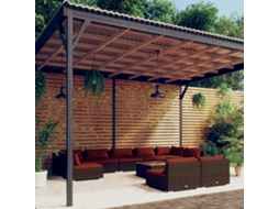 Vidaxl 10 Pcs Conjunto Lounge Jardim C/ Almofadões Vime Pe Castanho