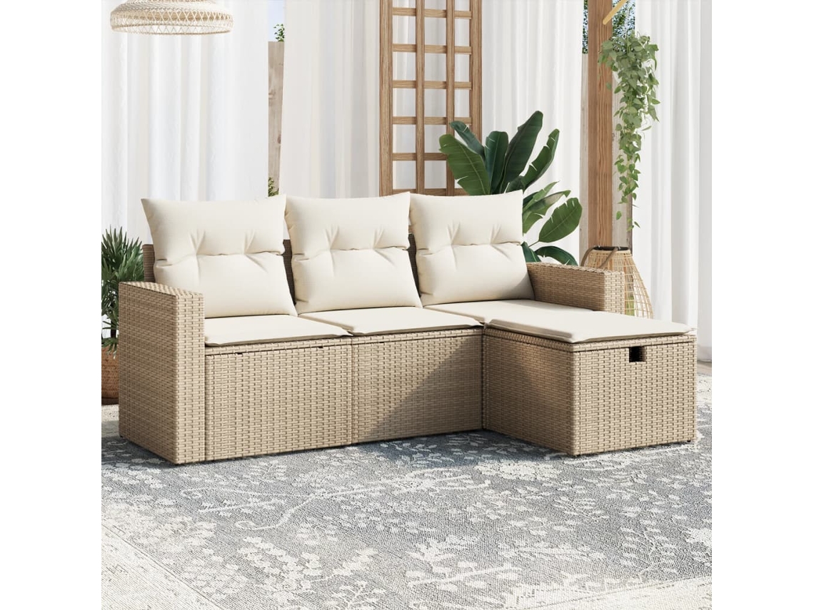 4 Pcs Conjunto De Sofás Para Jardim C/ Almofadões Vime Pe Bege Lovely Home