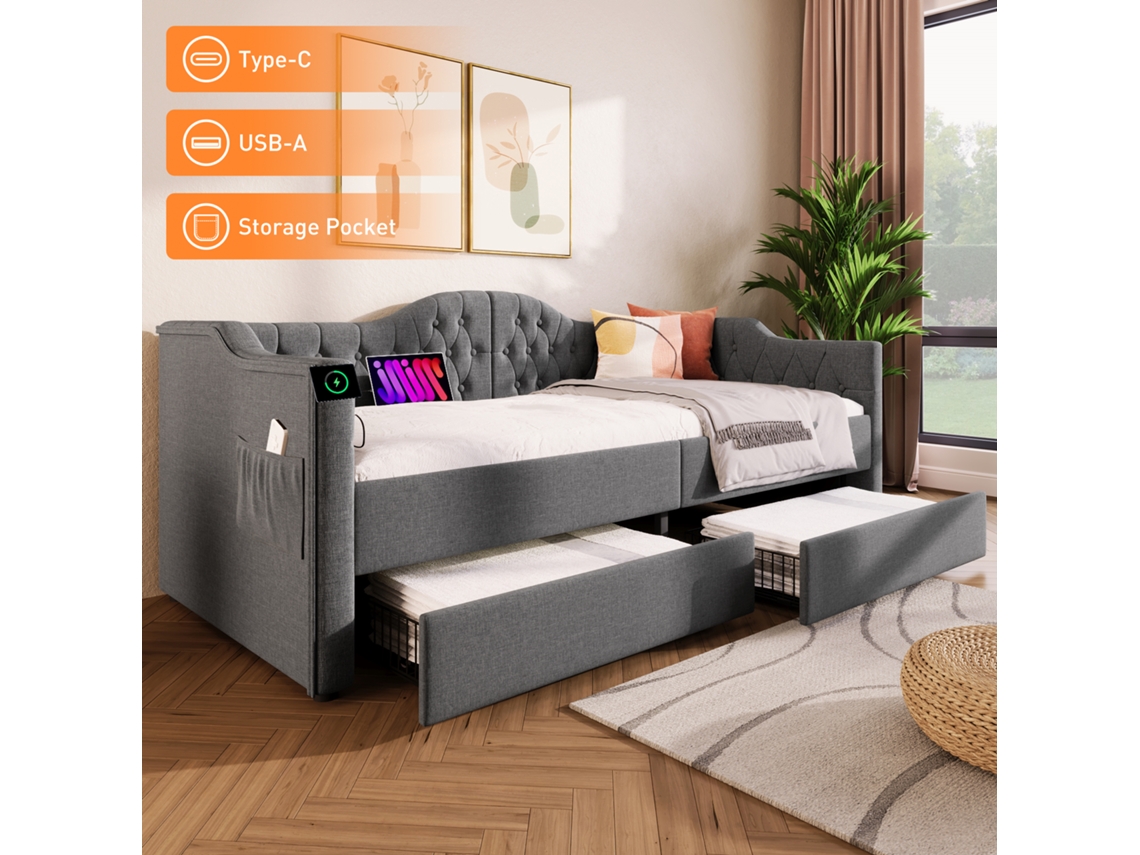 Sofá Cama 90x190cm Cinza Linho Com Usb Type C E 2 Gavetas