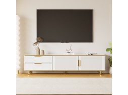Elegante Móvel para Tv, 2 Gavetas, 2 Portas Esculpidas, Puxadores e Pés Dourados, para Tela Grande, Branco e Dourado, 170x37x45 Cm KOMHTOM