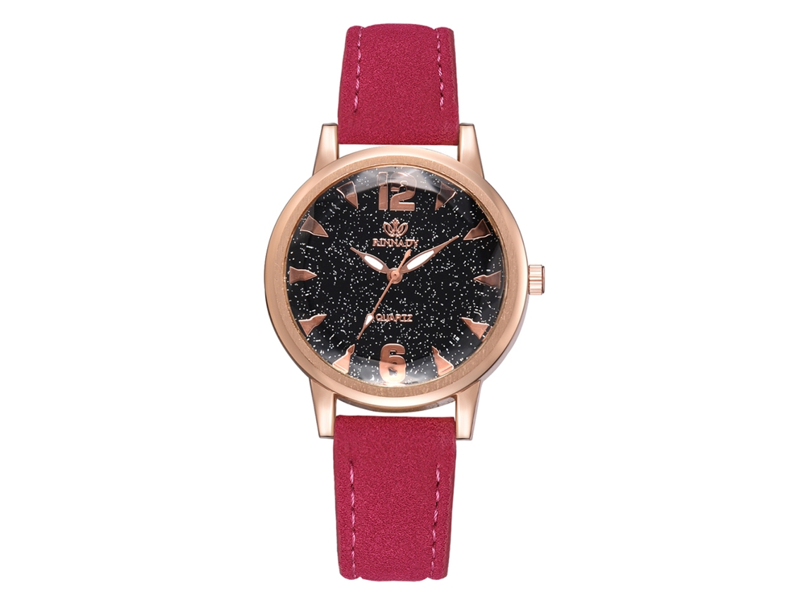 Relógio de Pulso Feminino com Mostrador Redondo Pulseira Pu Relógio de Quartzo Rosa Vermelho