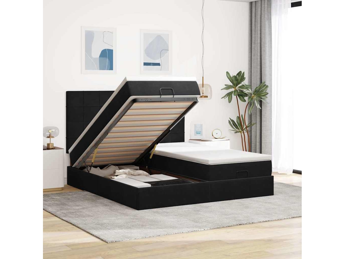 Estrutura De Cama Otomana Com Colchões 180x200cm Veludo Preto