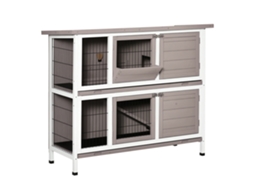 Gaiola Coelhos Cinza E Branco Madeira Maciça 122x50x101 Cm, 2 Níveis Teto Solar 4 Portas