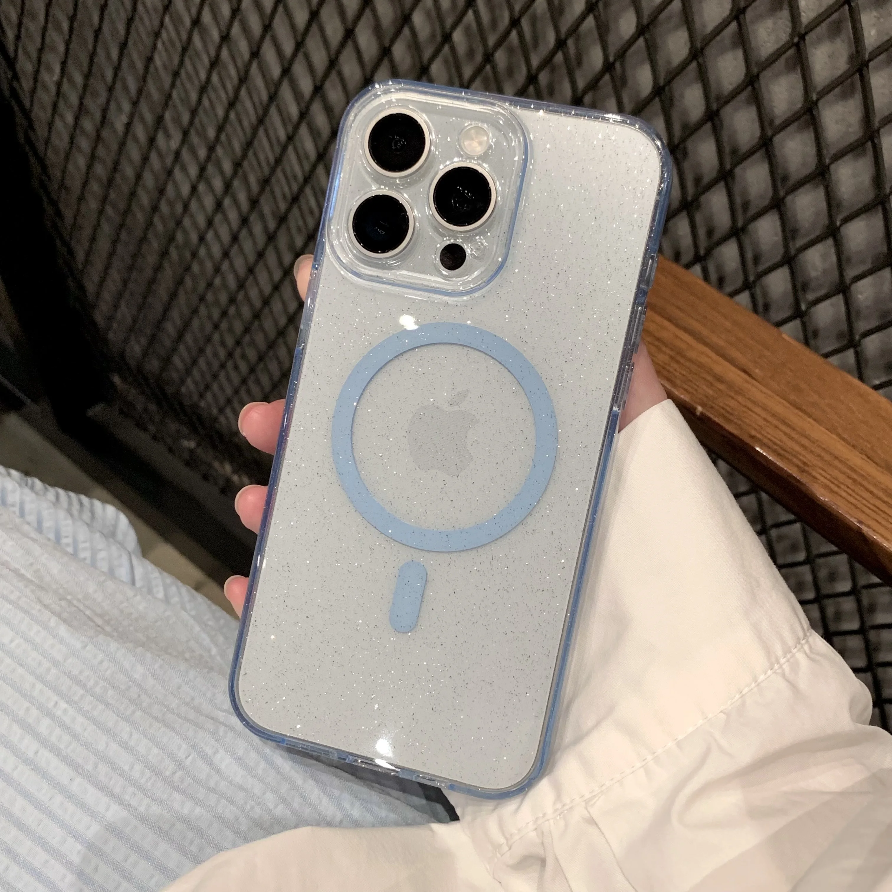 Capa Transparente De Silicone Com Glitter (azul Para Iphone 16 Plus), Compatível Com Carregamento Sem Fio E Material Magnético.
