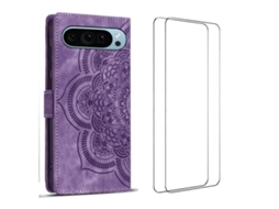 Capa Tkdaddy Para Google Pixel 10 Pro Xl Com 2 Peças De Vidro Temperado Wanlonfeng Mtl Series Mandala Couro Capa De Telefone Roxa
