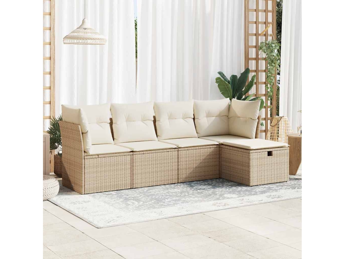 Vidaxl 5 Pcs Conjunto De Sofás P/ Jardim Com Almofadões Vime Pe Bege