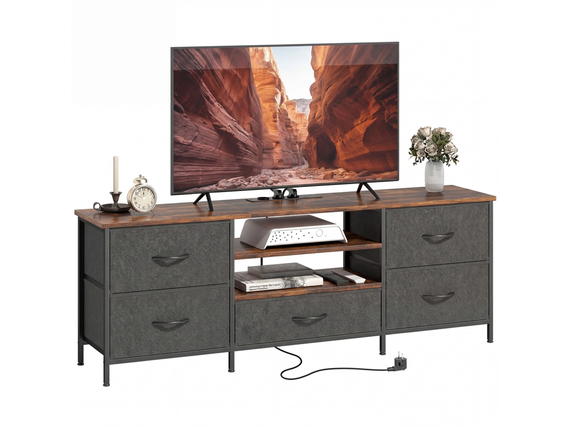 Rack para TV CHEZMOI 140cm para TVs até 65 polegadas, 5 gavetas forradas, carregamento e nichos (140x30x50cm)