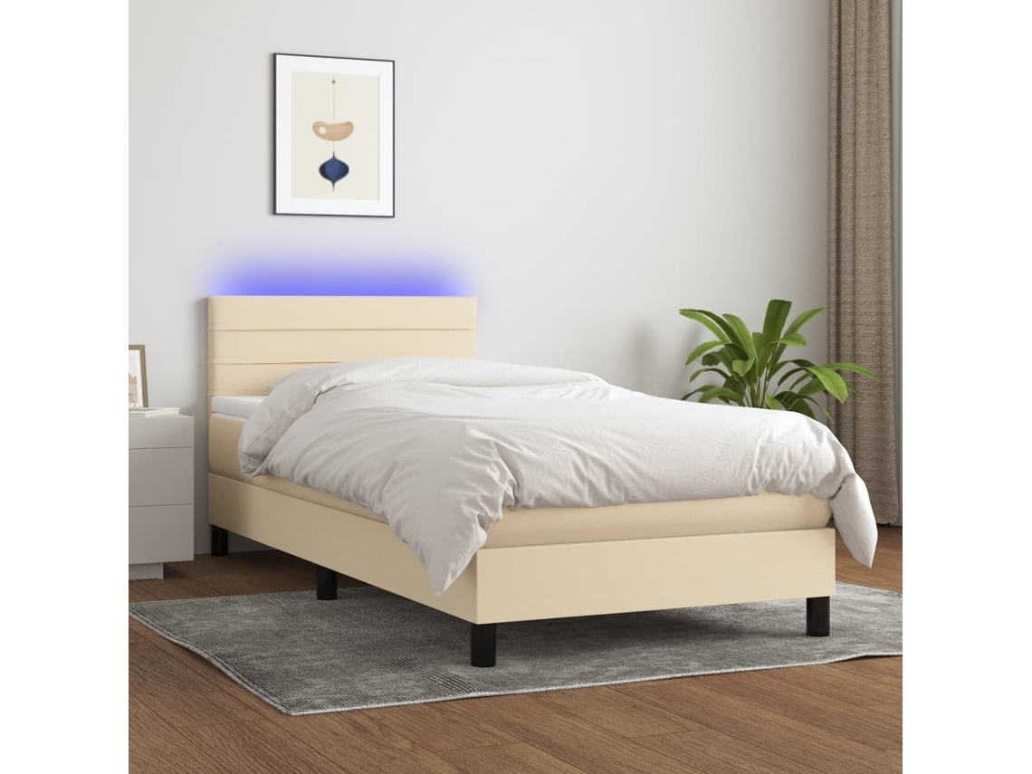 Vidaxl Cama Box Spring C/ Colchão E Led 100x200 Cm Tecido Cor Creme