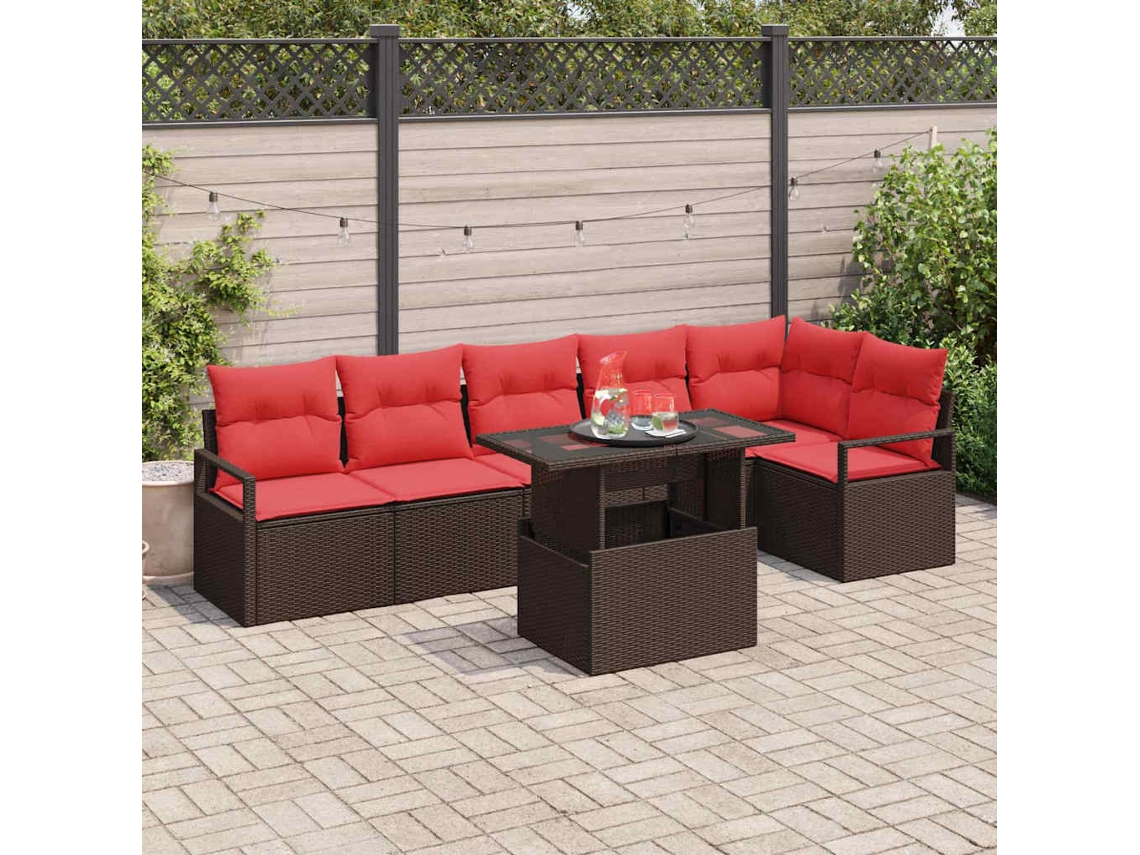 Vidaxl Conjunto De Sofá De Jardim 7 Pcs Marrom E Vermelho Vime Pe