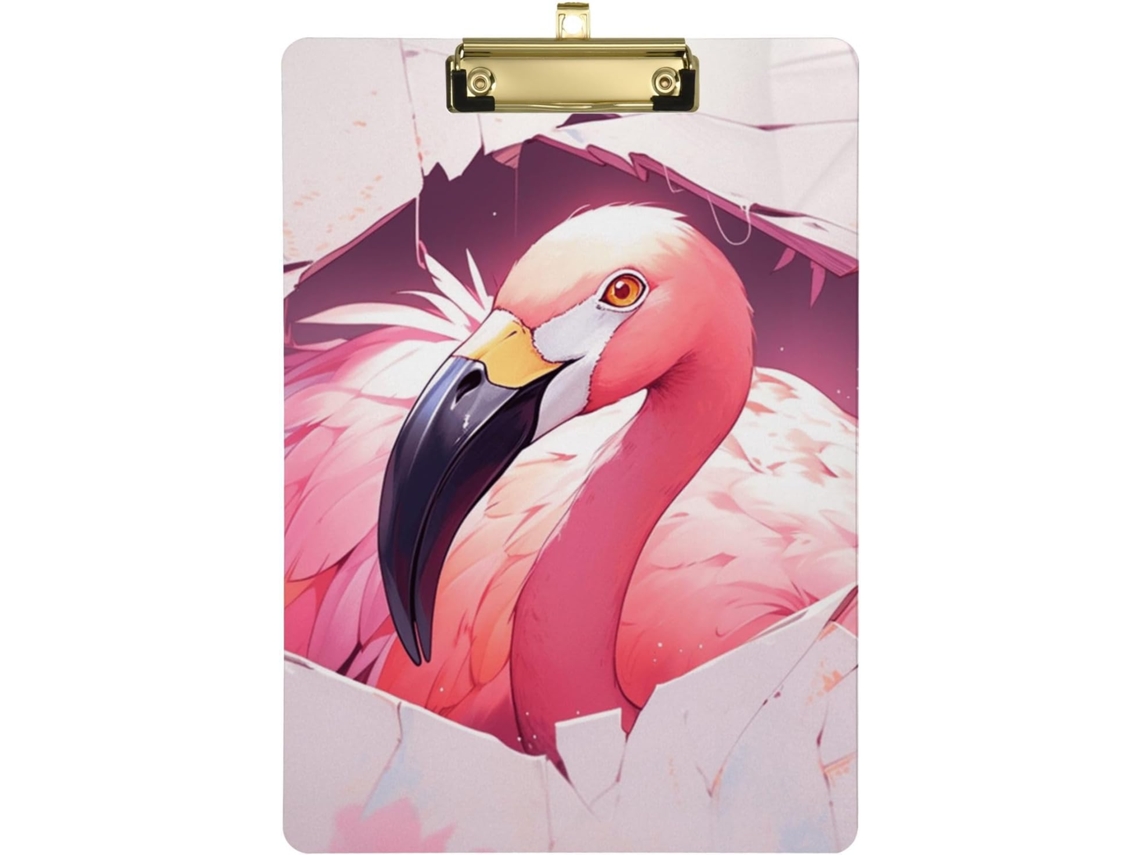 Prancheta decorativa com estampa de flamingo rosa e papel rasgado.