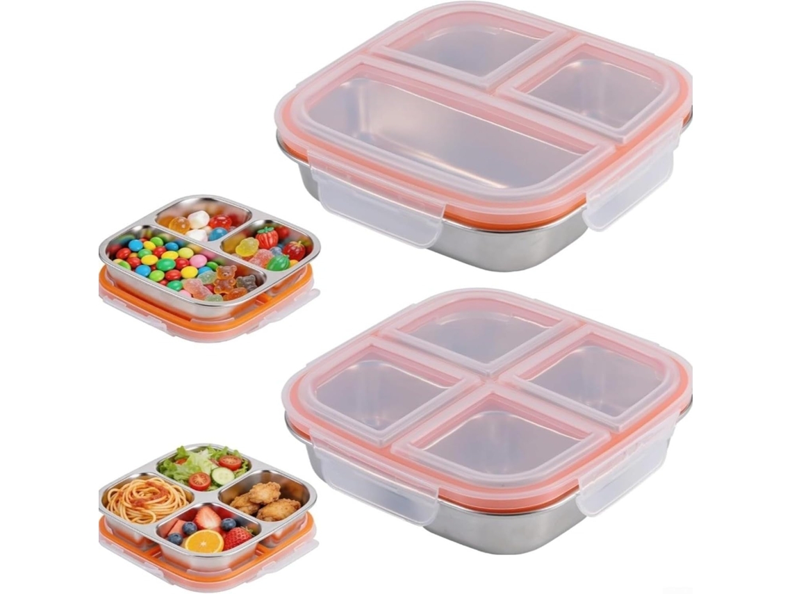 Conjunto De 2 Lancheiras Aço Inoxidável, Com 3 E 4 Compartimentos