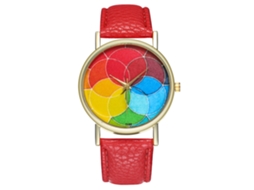 Relógio de quartzo casual e elegante para homens e mulheres com pulseira de couro vermelha.