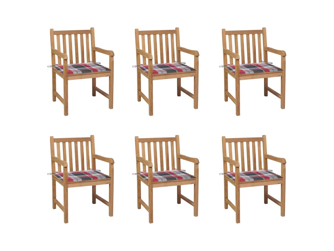 Vidaxl Cadeiras Jardim C/ Almofadões Xadrez Vermelho 6 Pcs Teca Maciça