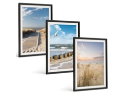 Galeria De Pinturas Murais Praia, Areia, Ondas, Céu, Pássaros Moldura Preta Quadros Para A Sala De Estar Espelharte (3 Piezas De 40x60 Cm)