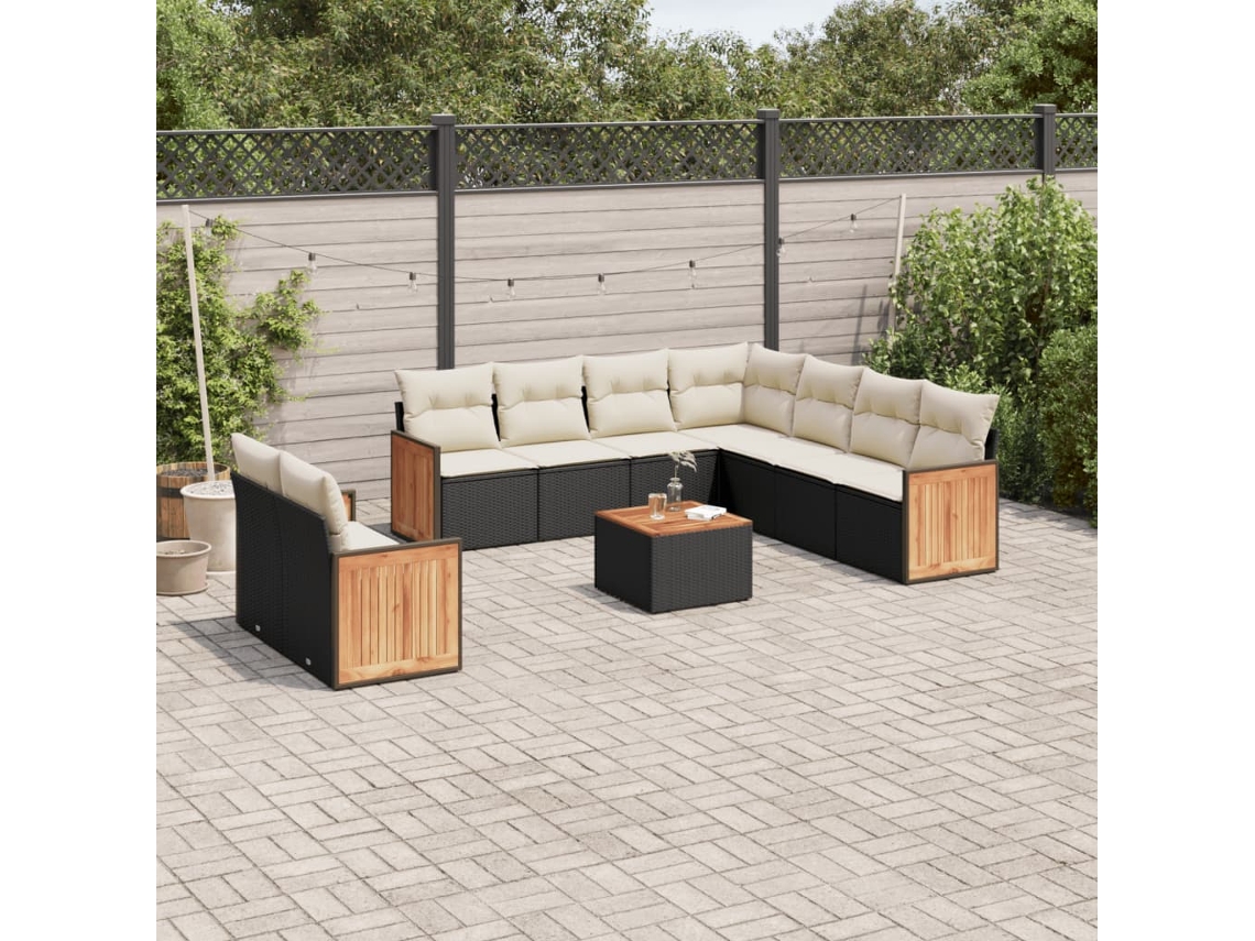 Jogo de Sofá Jardim 10 Peças C/ Almofadões Vime Pe Preto Dkd Home Decor