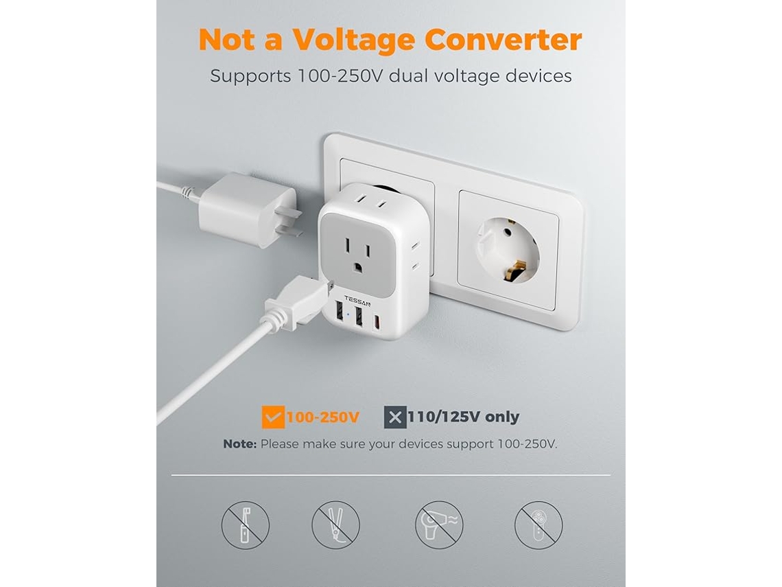 Adaptador De Viagem Tessan Europa Usb, C, Pacote Com 3 Unidades, Pd 20w, Adaptador De Viagem Eua Para Europa, Com 4 Tomadas Ca E 3 Portas Usb
