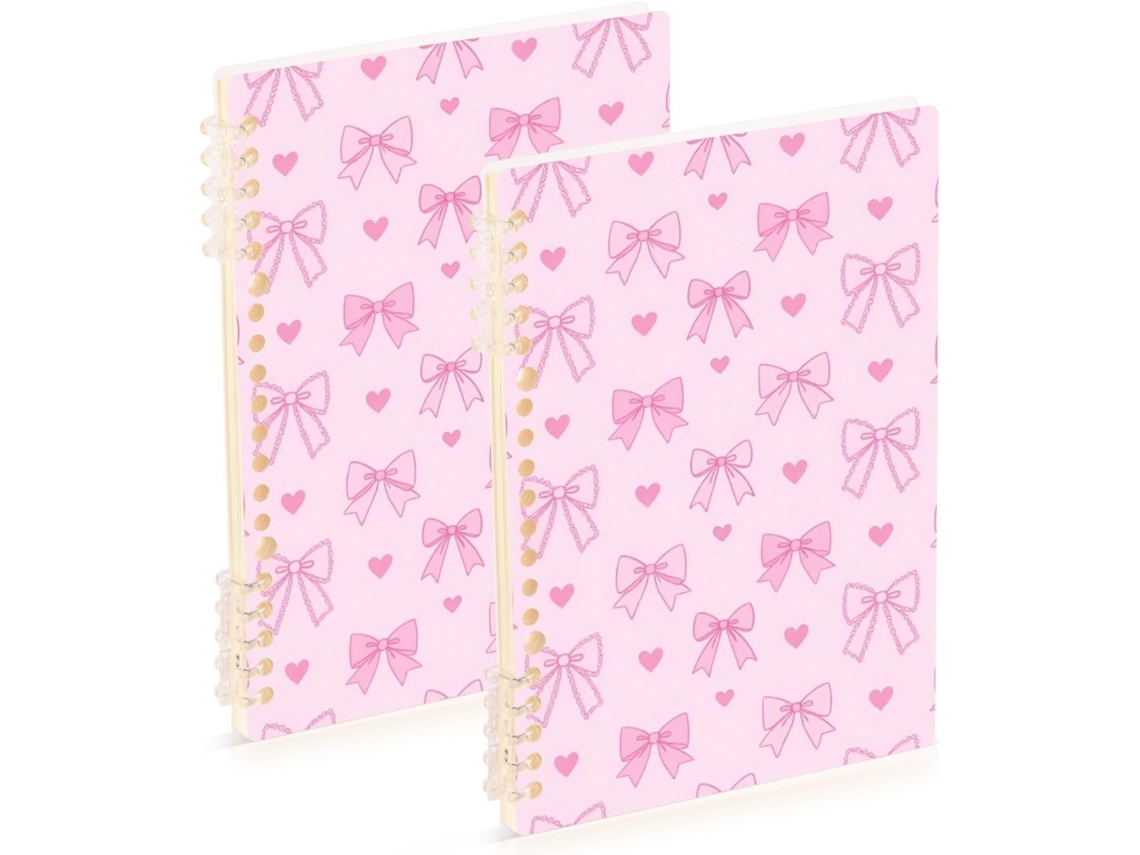 Conjunto de 2 Cadernos Composição com Espiral e Laço Rosa, Tamanho A5 , Capa Dura, 60 Folhas, (21,1 X 14,5 Cm)