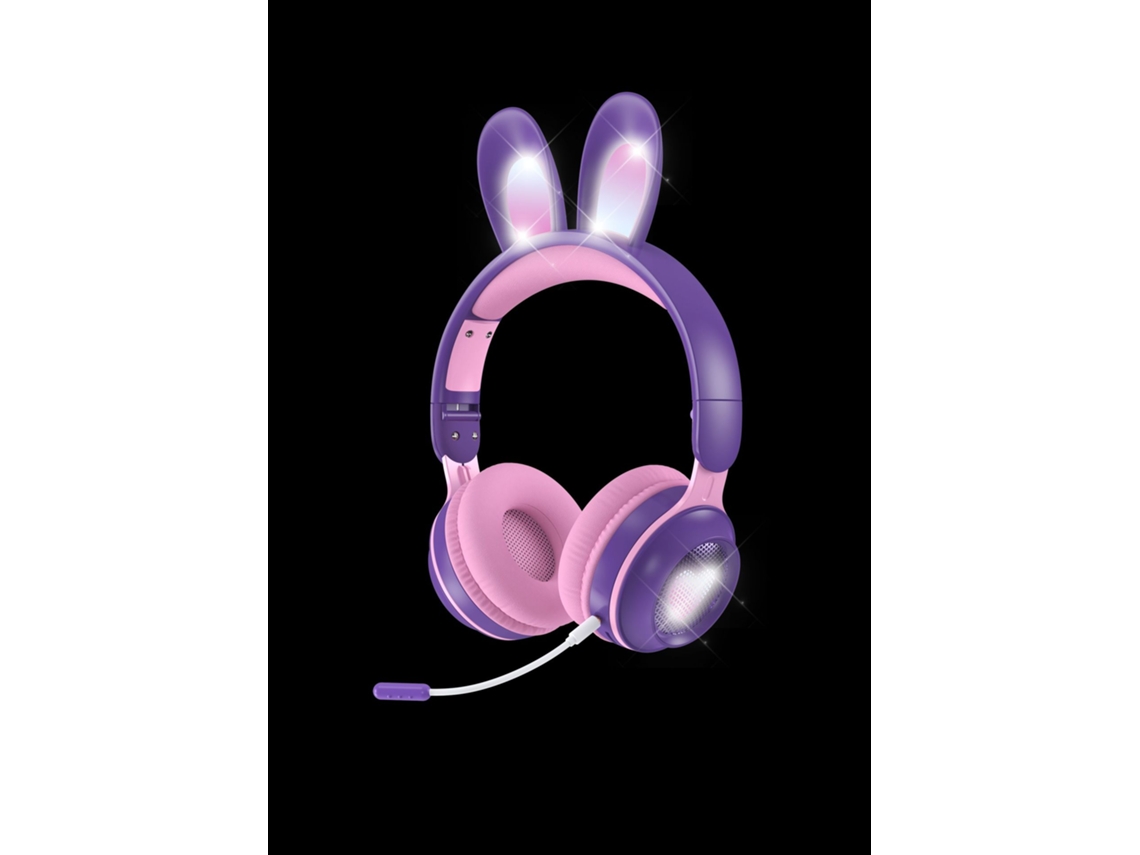 Auscultadores Bluetooth Orelhas de coelho dobrável sem fio com cancelamento de ruído Rgb roxo claro