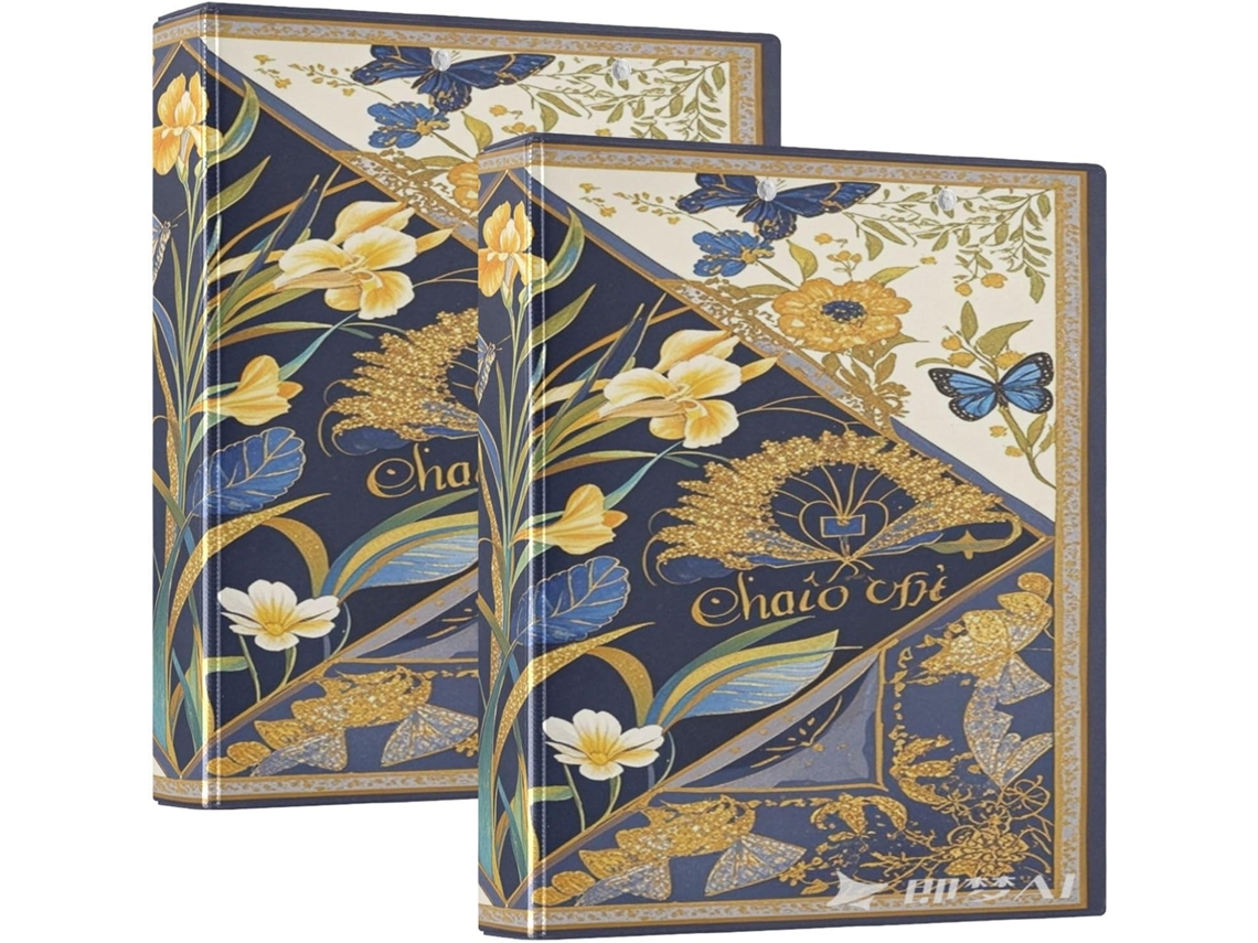 Pasta de arquivo retrô floral azul e dourada 1, 5 Polegadas, com três argolas e sacos, pacote com 1 ou 2 unidades, capa