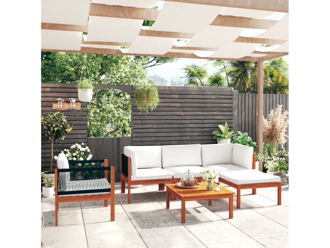 Vidaxl Conjunto De Lounge De Jardim Vidaxl Com 6 Peças E Almofadas Em Madeira De Acácia Creme E Corda