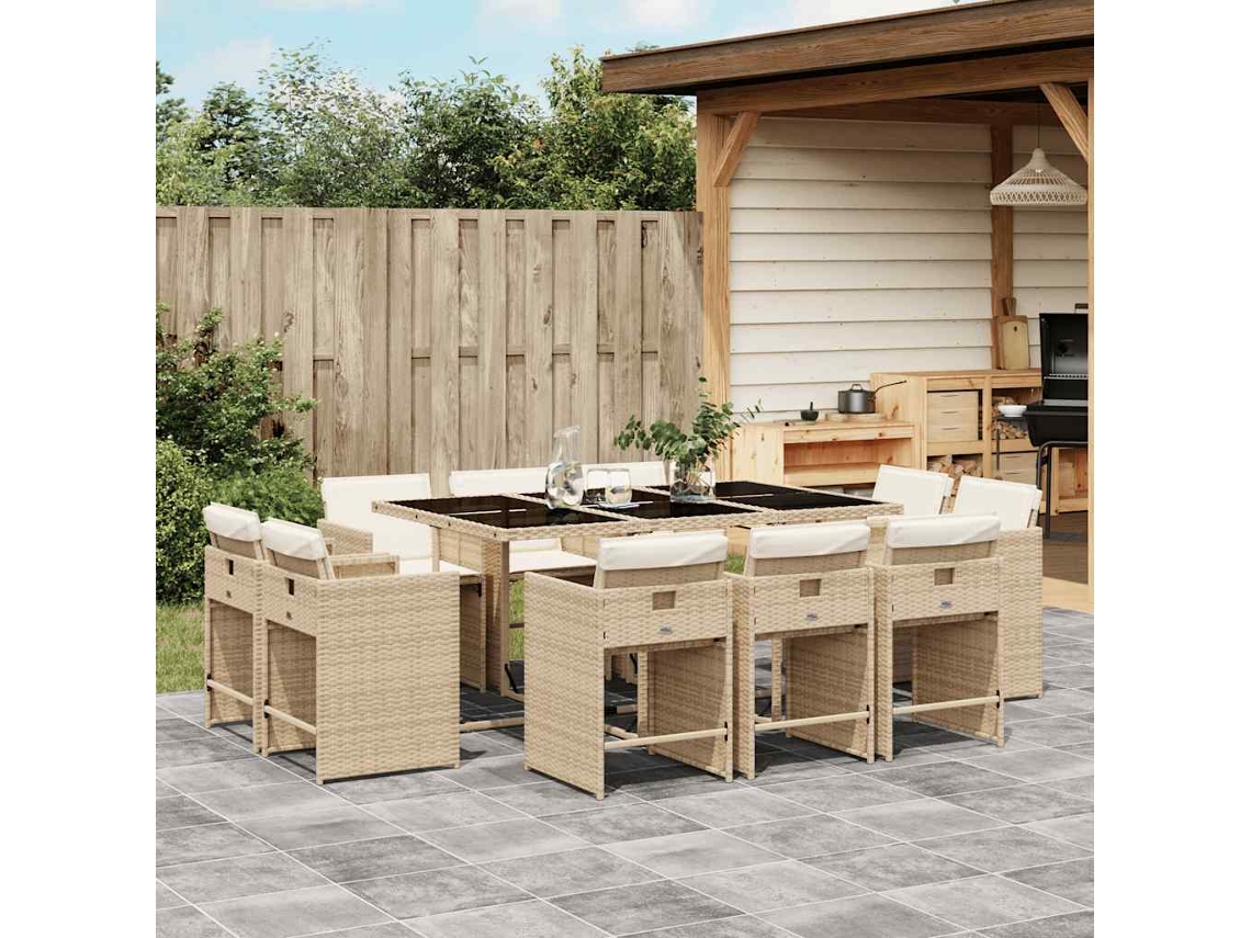 Vidaxl 11 Pcs Conjunto De Jantar P/ Jardim Com Almofadões Vime Pe Bege