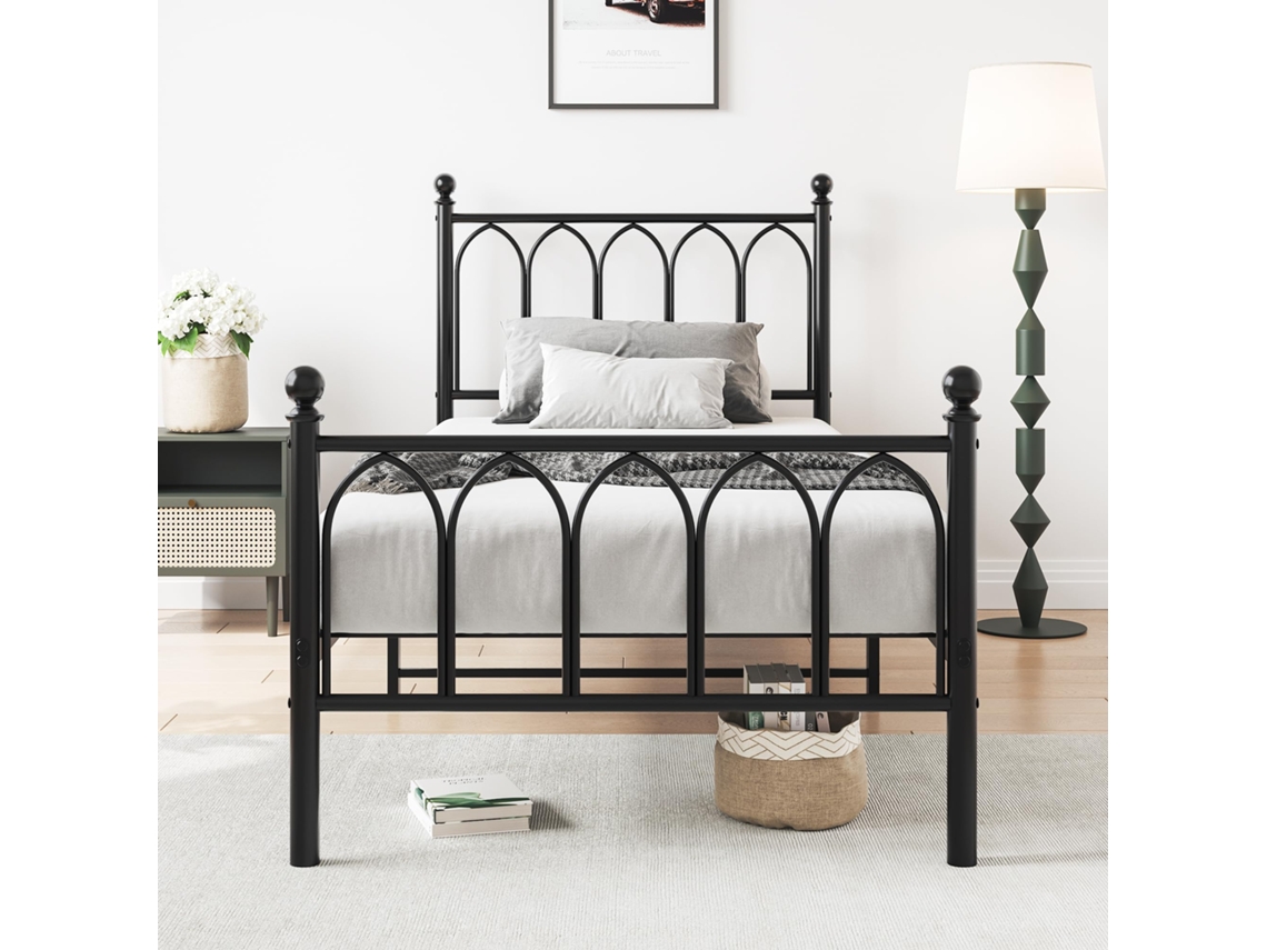 Cama Metálica 90x200cm Com Cabeceira E Pé Vintage, Suporte Aço Reforçado, Espaço Amplo Sob A Cama, Sem Necessidade De Box, Preta.