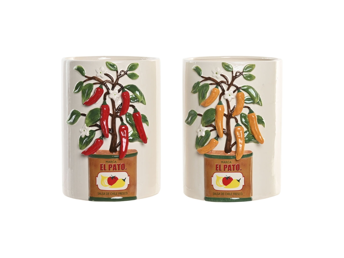Vaso Home Esprit Branco Vermelho Verde Cerâmica Urbana Pimento 22 X 22 X 28 Cm (2 Unidades)